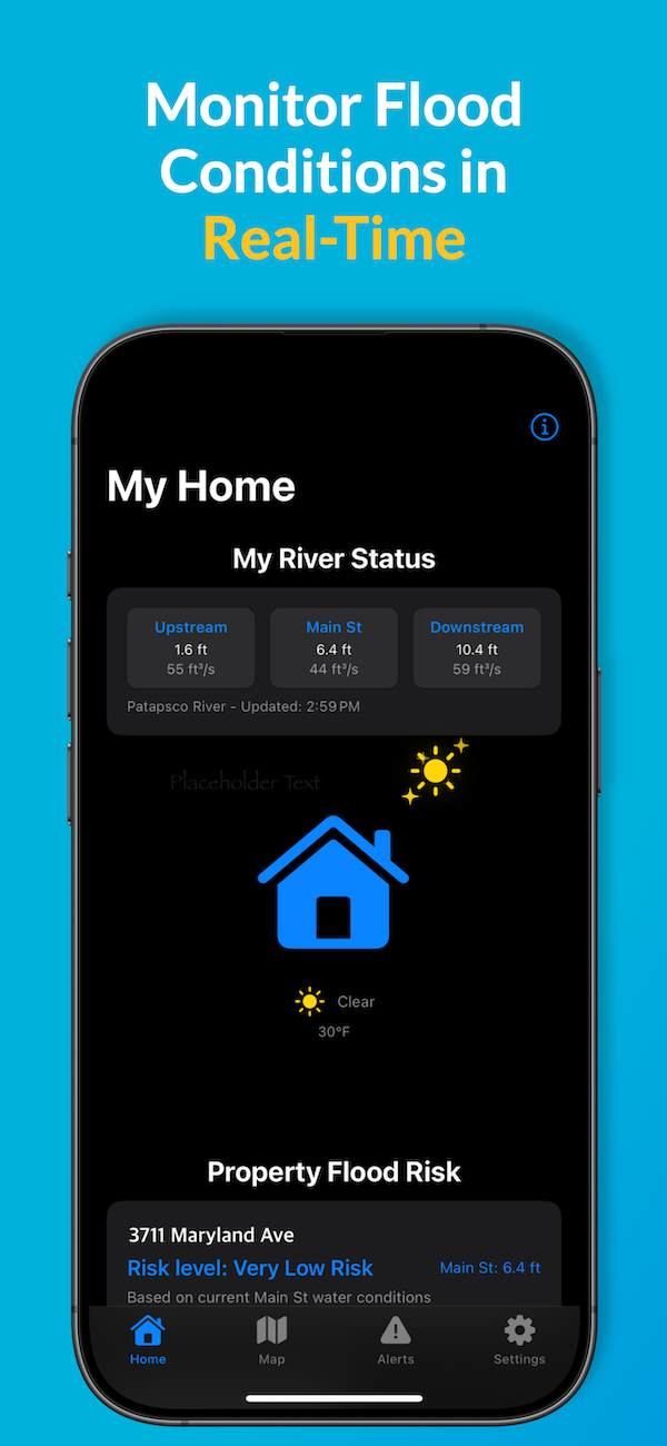 Screenshot showing the homepage of the app with weather indicators