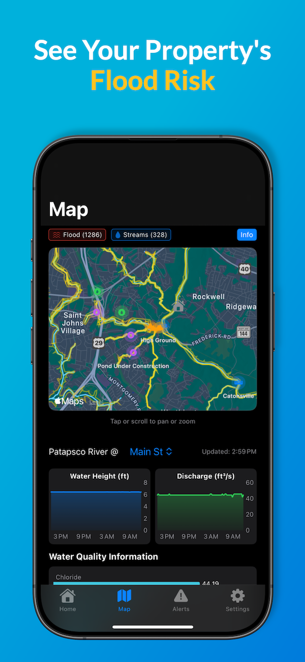 Screenshot showing the interactive map with floodzones highlighted